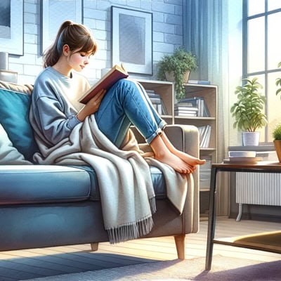 Типичный интроверт. Девушка с книгой на диване с ногами под одеялом.