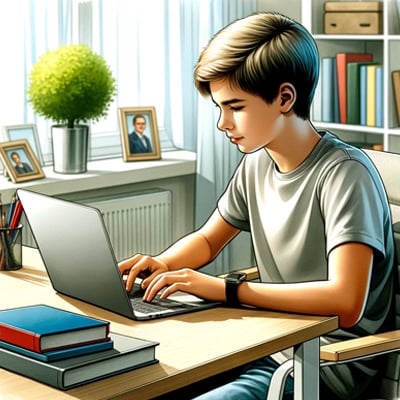 Подросток-копирайтер работает за ноутбуком дома.