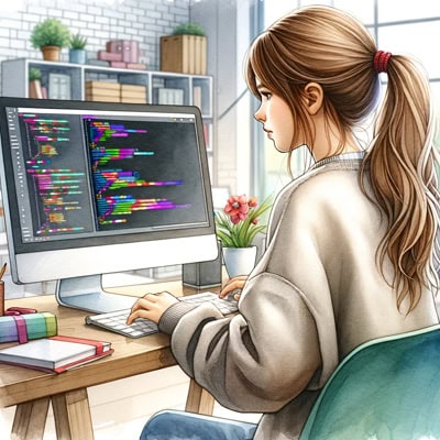 Девушка-программист работает за компьютером