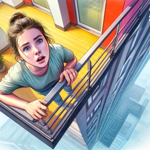 Девушка, которая боится высоты, стоит на балконе