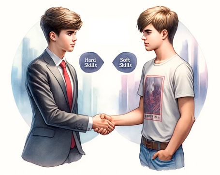 Мальчики-подростки в виде представителей hard skills (в деловом костюме) и soft skills (в футболке) пожимают друг другу руки